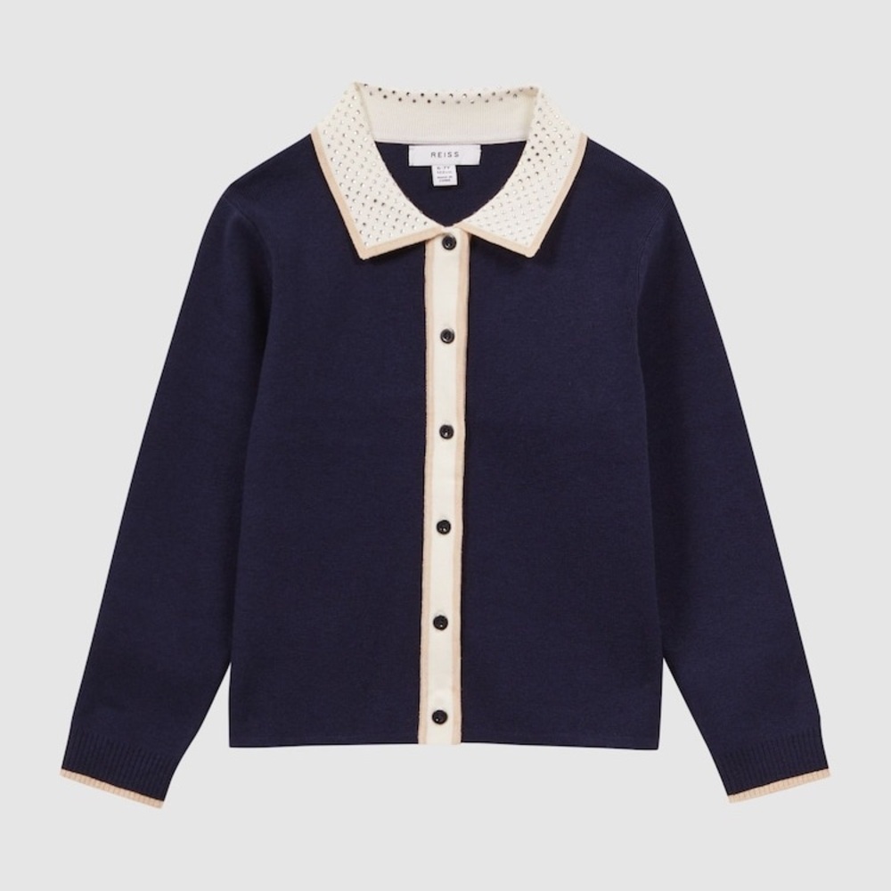 Reiss Navy Helena Embellished Knitted Cardigan Size 7-8